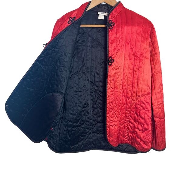Vintage Neiman-Marcus Quilted Satin Jacket Frog Closures Mandarin Collar M Red - Picture 3 of 16